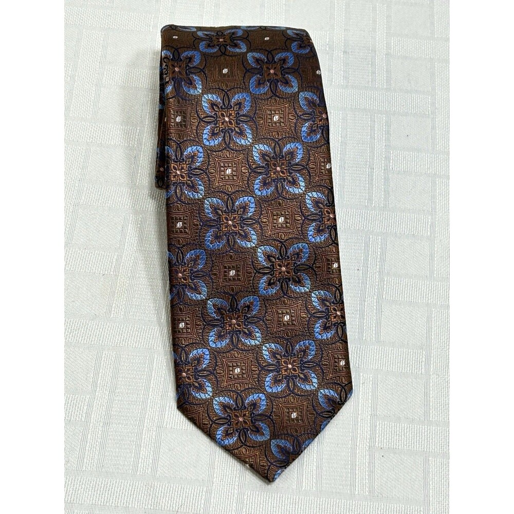 NEW! GEOFF NICHOLSON Made ITALY Tie Silk Tie Brown Blue Flower 100% Silk Necktie